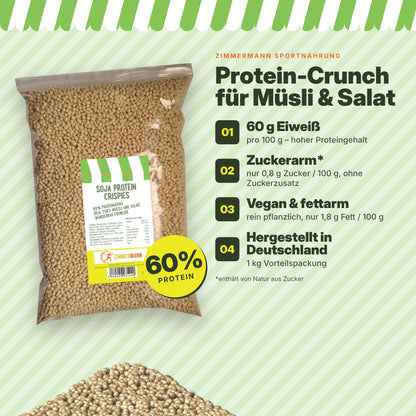 Zimmermann Soja Protein Crispies 1 kg – 60 % Protein, zuckerarm, vegan & fettarm – knuspriges Topping für Müsli, Joghurt, Salat & Bowls