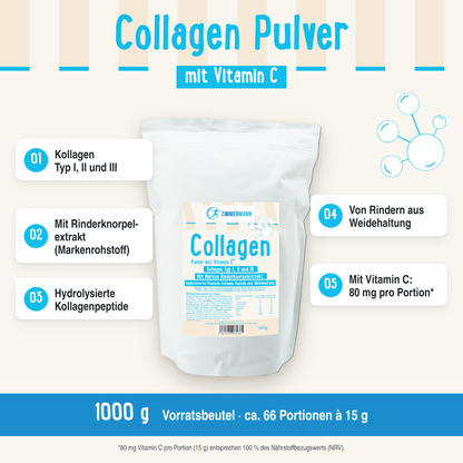 Collagen Pulver mit Vitamin C. Kollagen Typ I, II und III. Mit Marken Rinderknorpelextrakt 1000g von Zimmermann Sportnahrung -  konventionell
