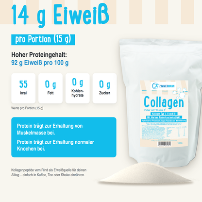 Collagen Pulver mit Vitamin C. Kollagen Typ I, II und III. Mit Marken Rinderknorpelextrakt 1000g von Zimmermann Sportnahrung -  konventionell