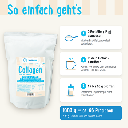 Collagen Pulver mit Vitamin C. Kollagen Typ I, II und III. Mit Marken Rinderknorpelextrakt 1000g von Zimmermann Sportnahrung -  konventionell