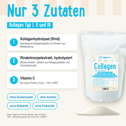 Collagen Pulver mit Vitamin C. Kollagen Typ I, II und III. Mit Marken Rinderknorpelextrakt 1000g von Zimmermann Sportnahrung -  konventionell