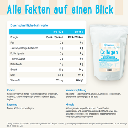 Collagen Pulver mit Vitamin C. Kollagen Typ I, II und III. Mit Marken Rinderknorpelextrakt 1000g von Zimmermann Sportnahrung -  konventionell
