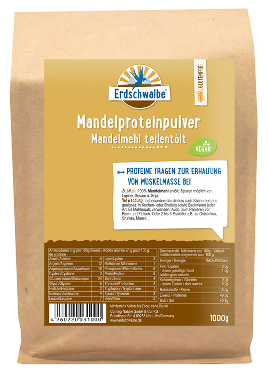 - Mandelprotein - Mandelmehl teilentölt - Veganes Eiweißpulver - 1 kg - konventionell von Erdschwalbe