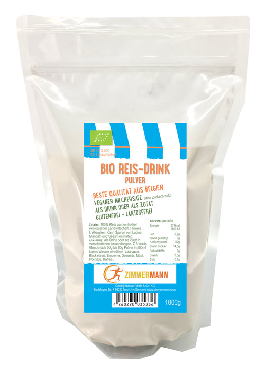 ORGANIC Rice Drink Powder 1000g - New Quality from Belgium - by Zimmermann Sportnahrung