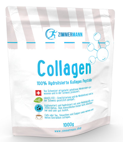 Collagen Pulver 1000g - Bioaktives Kollagen Hydrolysat, Eiweiß-Pulver, Geschmacksneutral. Agglomeriert, 2000 Dalton, leicht absorbierbar, Grass Fed, Peptide Typ 1, 3 von Zimmermann