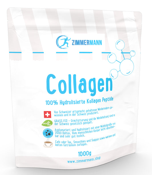 Collagen Pulver 1 KG - Bioaktives Kollagen Hydrolysat, von Schweizer Weiderindern & produziert in der Schweiz, Eiweiß-Pulver, Geschmacksneutral. Agglomeriert, 2000 Dalton, leicht absorbierbar, Grass Fed, Peptide Typ 1, 3 von Zimmermann