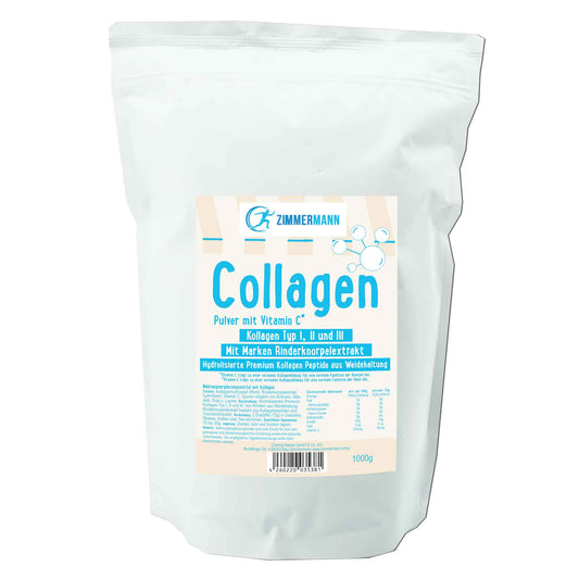 Collagen Pulver mit Vitamin C. Kollagen Typ I, II und III. Mit Marken Rinderknorpelextrakt 1000g von Zimmermann Sportnahrung -  konventionell