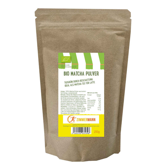Zimmermann Bio Matcha Pulver 250g, Ideal als Matcha Tee für Latte, Grüner Tee Leicht löslich tiefgrün durch Beschattung, konventionell
