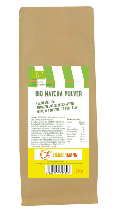 Zimmermann Bio Matcha Pulver 250g, Ideal als Matcha Tee für Latte, Grüner Tee Leicht löslich tiefgrün durch Beschattung, konventionell