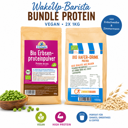 WakeUp Barista Bundle PROTEIN - vegan, 1xBio Haferdrink 1kg, 1xBio Erbsenprotein 1kg- von Erdschwalbe und Zimmermann