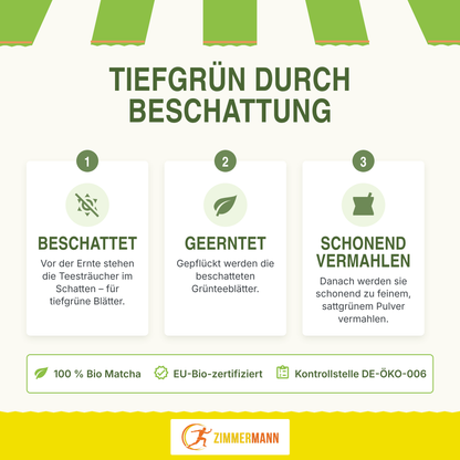 Zimmermann Bio Matcha Pulver 250g, Ideal als Matcha Tee für Latte, Grüner Tee Leicht löslich tiefgrün durch Beschattung, konventionell
