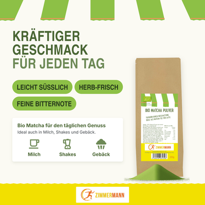 Zimmermann Bio Matcha Pulver 250g, Ideal als Matcha Tee für Latte, Grüner Tee Leicht löslich tiefgrün durch Beschattung, konventionell
