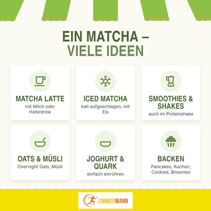 Zimmermann Bio Matcha Pulver 250g, Ideal als Matcha Tee für Latte, Grüner Tee Leicht löslich tiefgrün durch Beschattung, konventionell