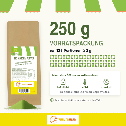 Zimmermann Bio Matcha Pulver 250g, Ideal als Matcha Tee für Latte, Grüner Tee Leicht löslich tiefgrün durch Beschattung, konventionell